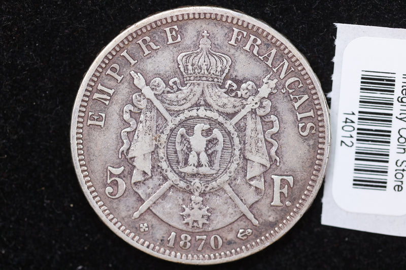 1870 French Silver Five Franc Coin, Affordable Circulated Coin. Store