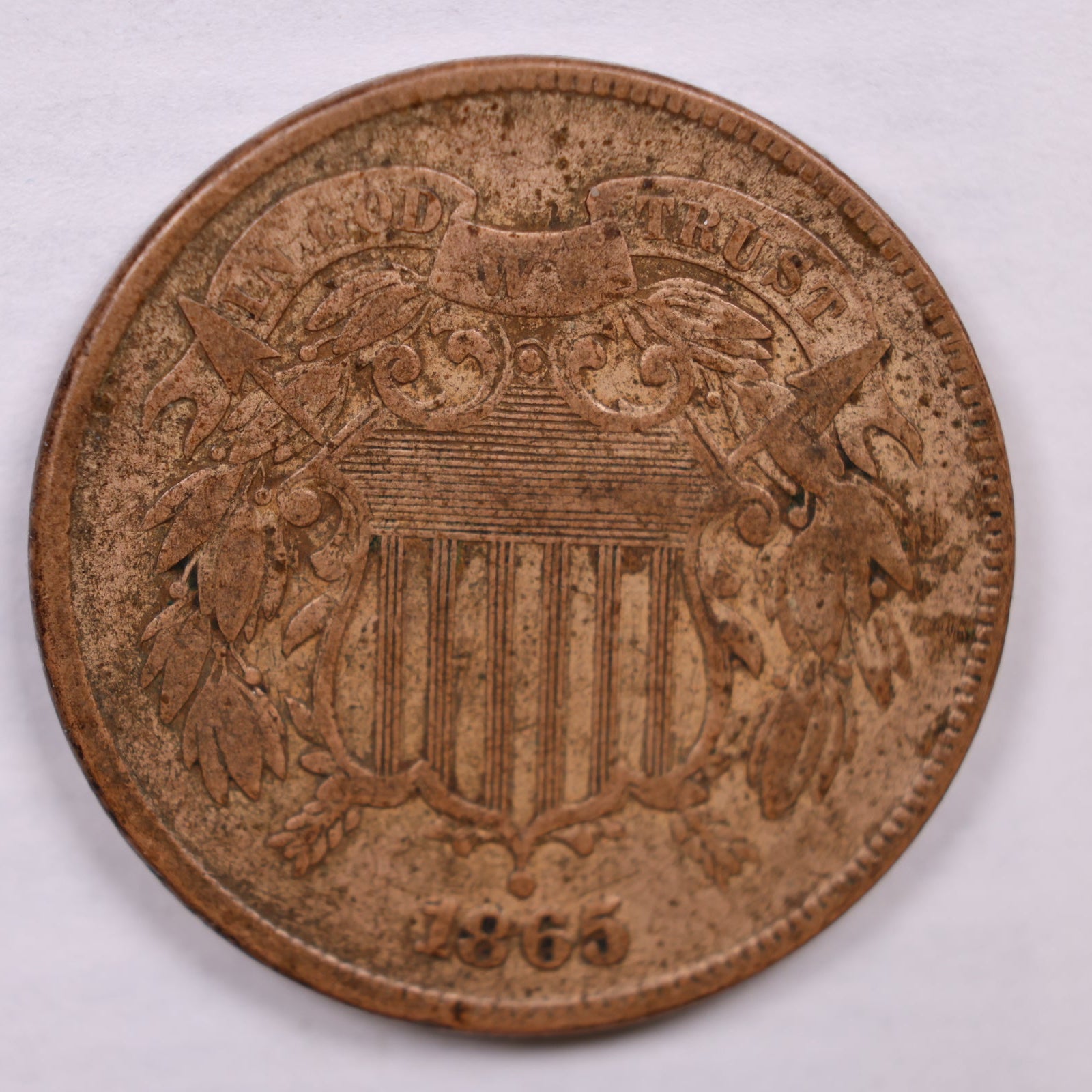 1865 Two-Cent Piece, Extra Fine Circulated Coin, Detail Cleaned, Store #2C0010