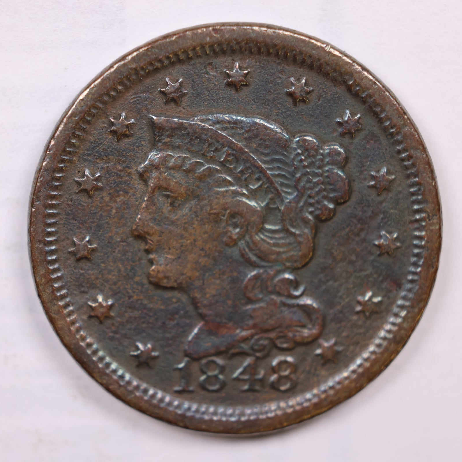 1848 Large Cent, Very Fine Circulated Coin, Damaged, Store #CT1266
