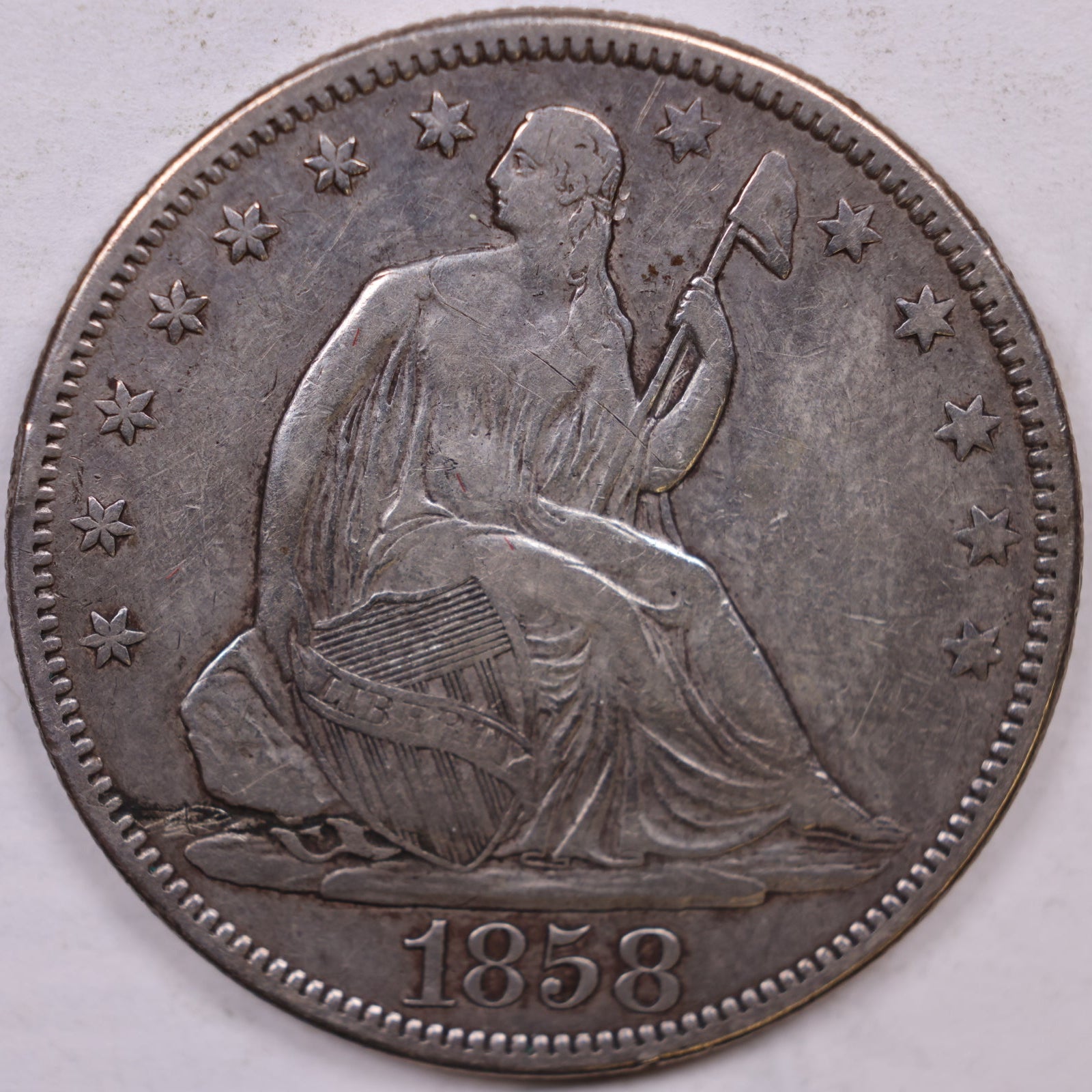 1858 Liberty Seated Half Dollar, Extra Fine Circulated Coin, Store #HR1876