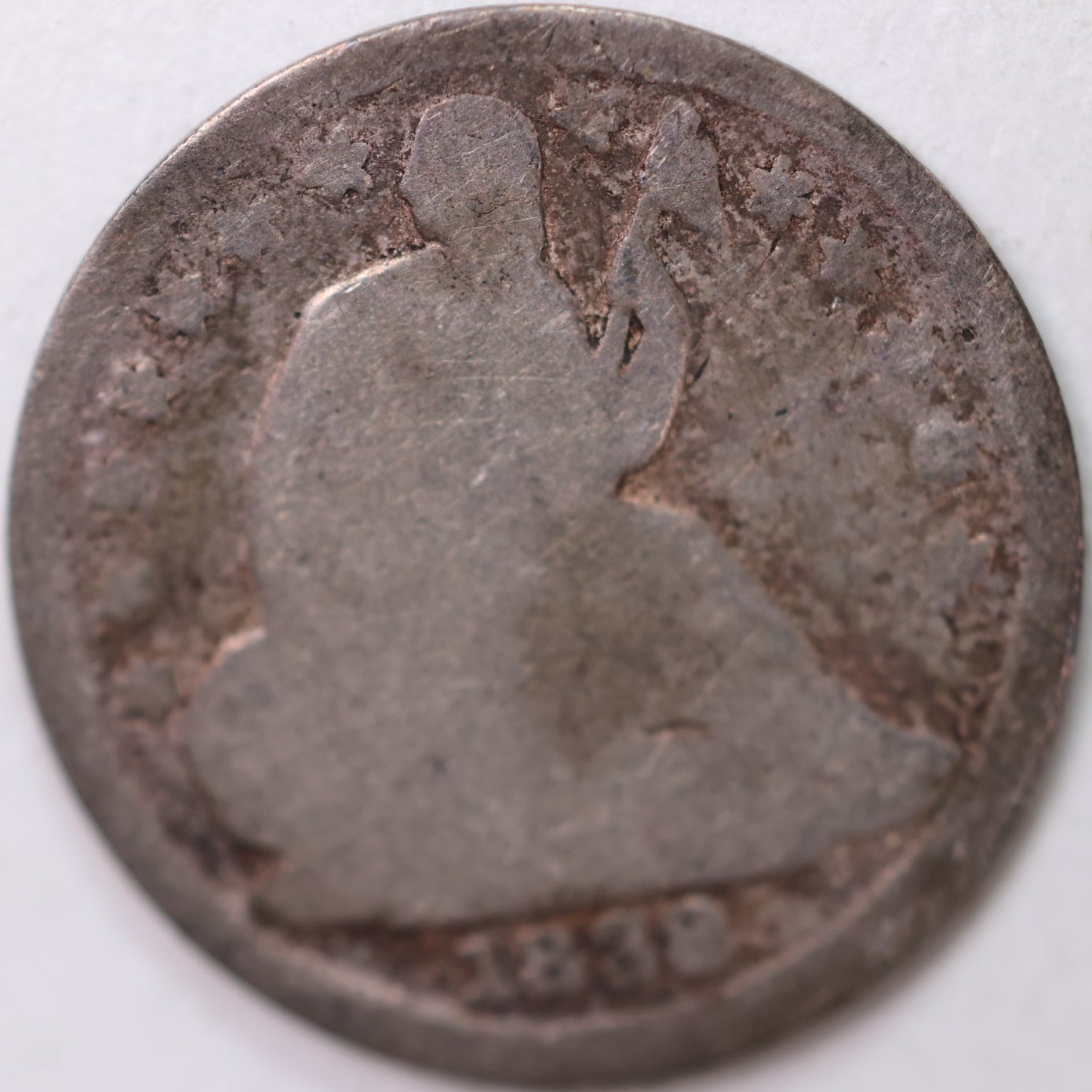 1838 Seated Half Dime, Good Circulated Coin, Store #M838.01