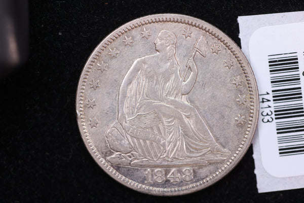 1848 Liberty Seated Half Dollar, Affordable Circulated Coin. Store #14133