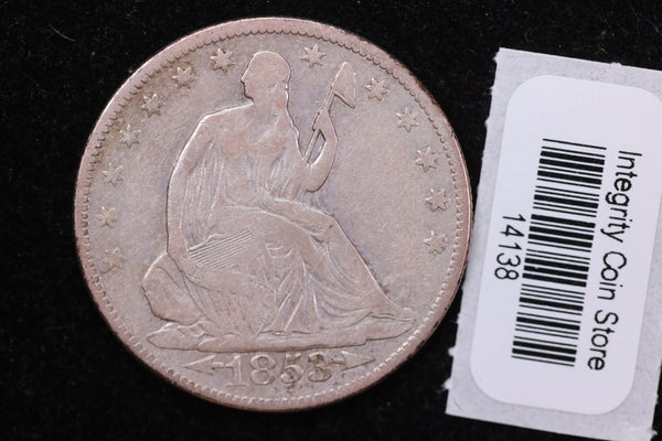 1853 Seated Liberty Half Dollar, Affordable Circulated Coin, Store #14138