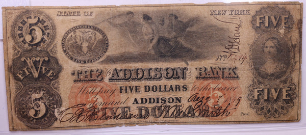 1859 $5, The ADDISON BANK, New York, NY., "ALTERED"., STORE #18525
