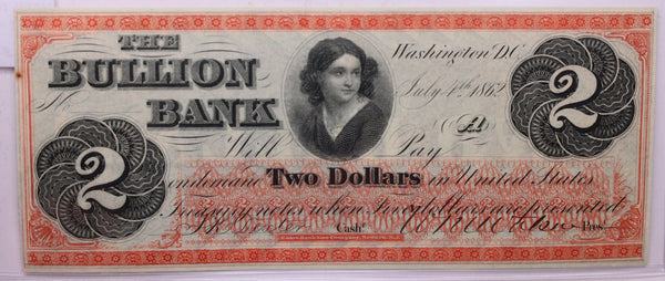 1862 $2, The BULLION BANK., WASHINGTON D.C., STORE #18530