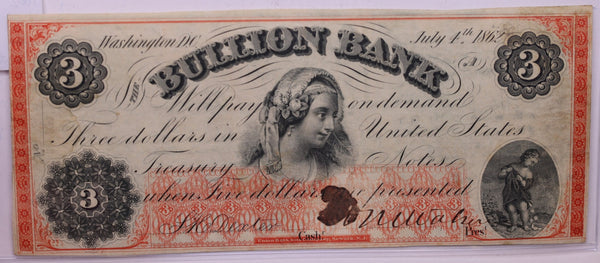 1862 $3, The BULLION BANK., WASHINGTON D.C., STORE #18531