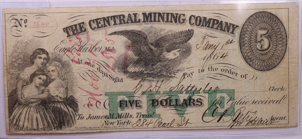 1864 $5, Central Mining Company, Eagle Harbor, MI., STORE #18565