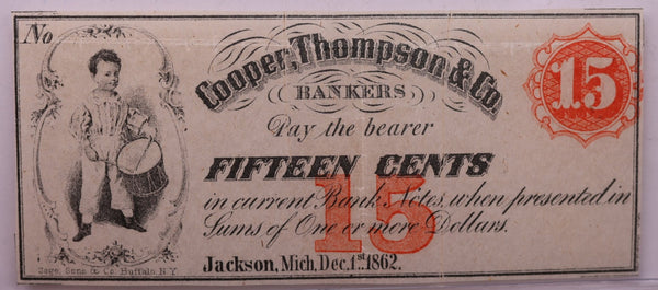 1862 15 Cents, COOPER, THOMPSON & CO., MI., STORE #18567