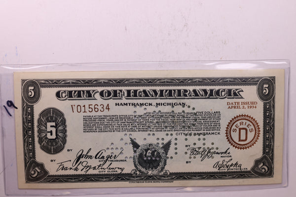 1934 $5, City of HAMTRAMCK, Michigan., STORE #18573
