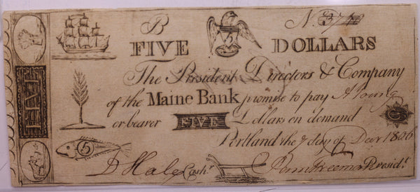 1806 $5, Maine Bank, Portland Maine.,(counterfeit)., Store #18583