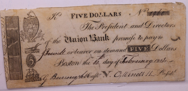 1808 $5, UNION BANK., Boston, MASS., Store