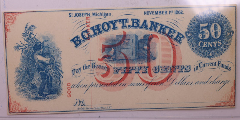 1862 50 Cent, B.C. Hoyt, Banker., ST Joseph, MICH., Store
