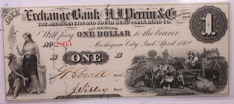 1862 $1, Exchange Bank of A.J. Perrin & CO., MICH., Store