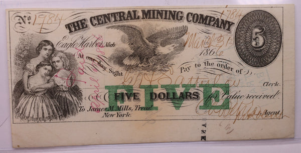 1866 $5, The Central Mining Co., Eagle Harbor, Michigan., Store #18625