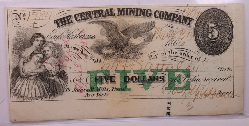 1866 $5, The Central Mining Co., Eagle Harbor, Michigan., Store