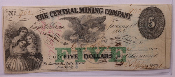 1864 $5, The Central Mining Co., Eagle Harbor, Michigan., Store #18627