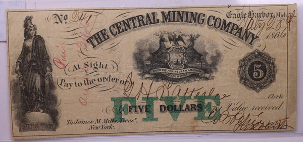 1866 $5, The Central Mining Co., Eagle Harbor, Michigan., Store #18628