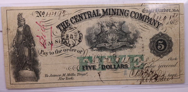 1868 $5, The Central Mining Co., Eagle Harbor, Michigan., Store #18629