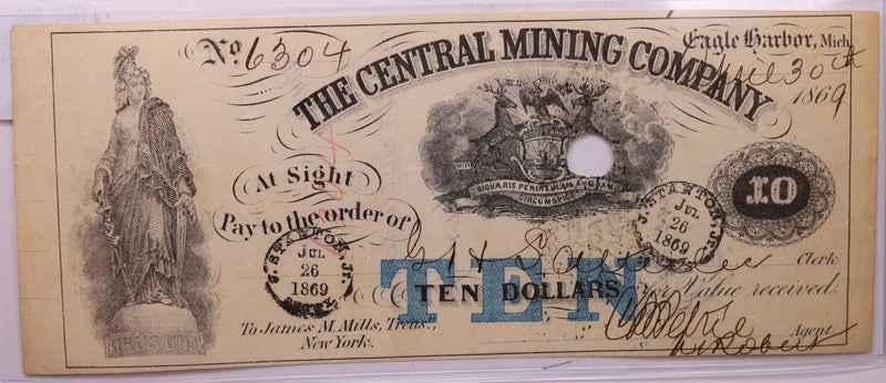 1869 $10, The Central Mining Co., Eagle Harbor, Michigan., Store