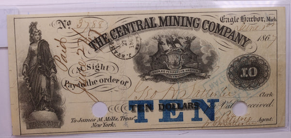 1867 $10, The Central Mining Co., Eagle Harbor, Michigan., Store #18634