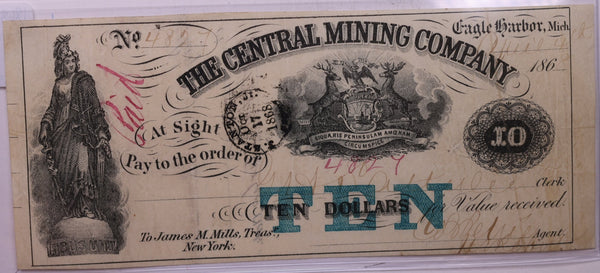 1868 $10, The Central Mining Co., Eagle Harbor, Michigan., Store #18635