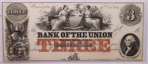 1854 $3, BANK OF THE UNION., Wash D.C., Store #18646
