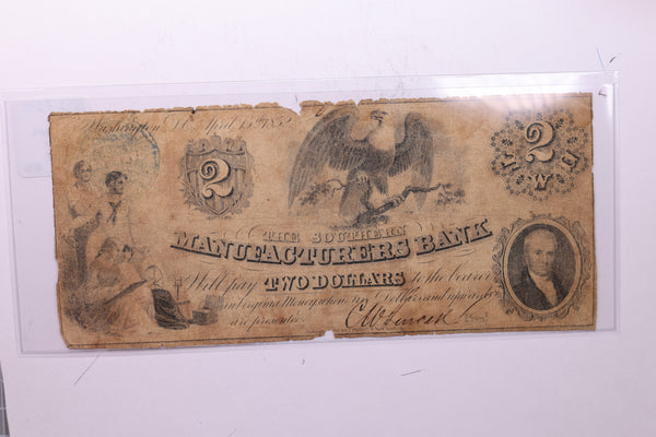 1852 $2, Southern Manufacturers Bank, Wash D.C., Store #18653