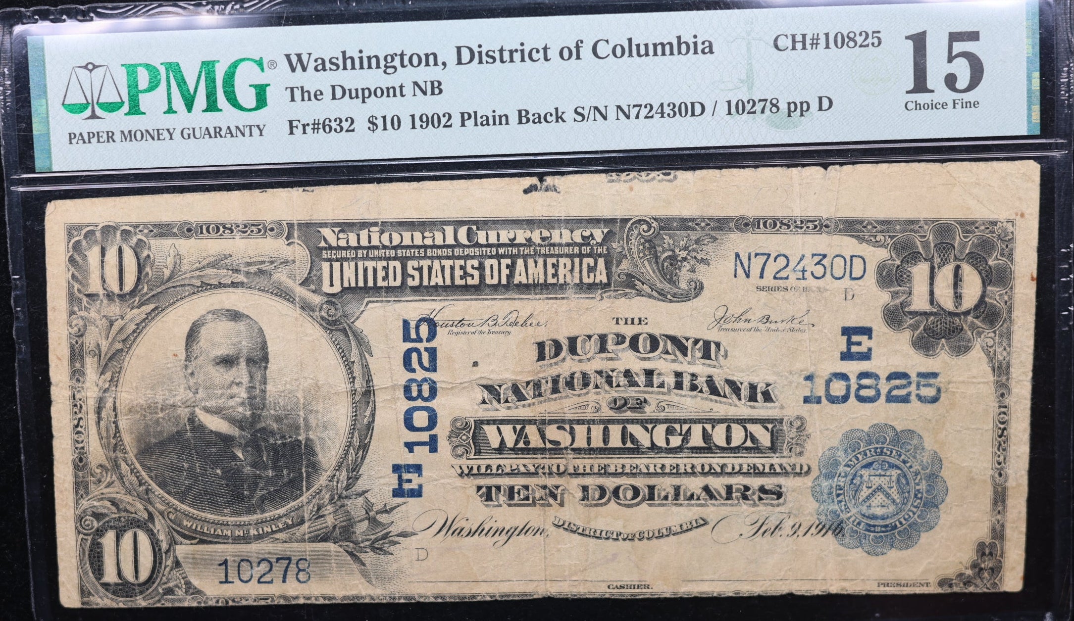 1902 $10, Washington D.C, Plain Back, Fr#632. PMG Fine-15., Store #NBN001