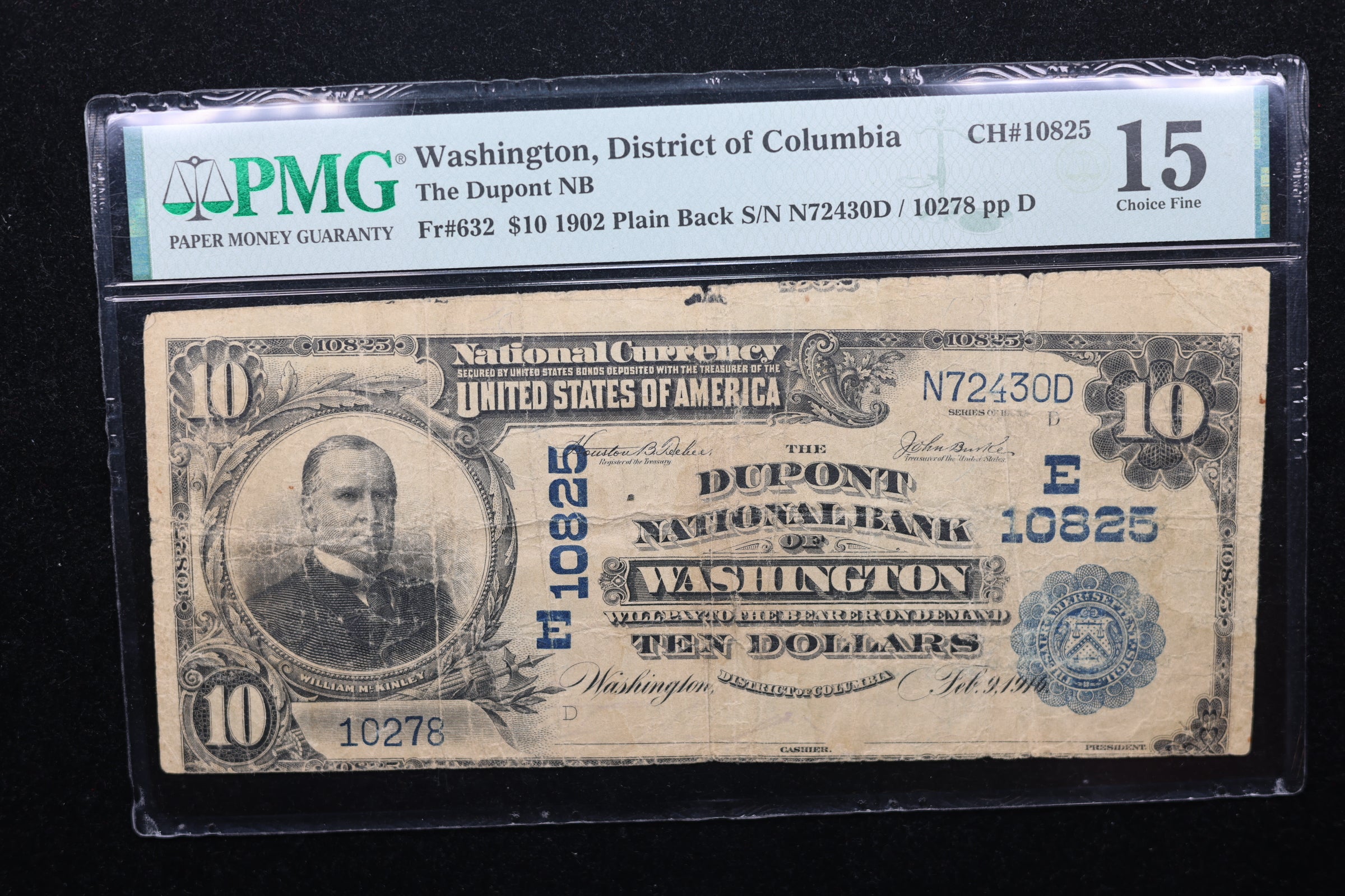 1902 $10, Washington D.C, Plain Back, Fr#632. PMG Fine-15., Store #NBN001