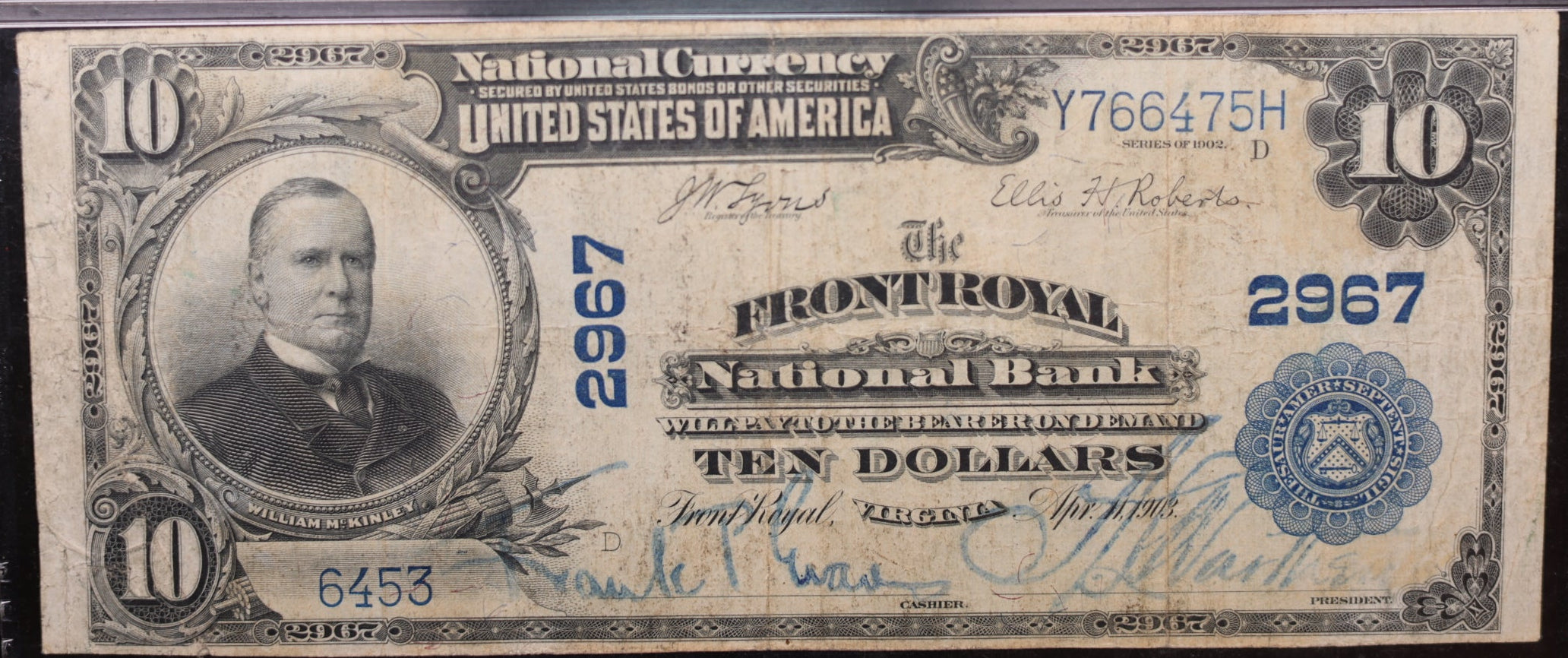 1902 $10, Front Royal, Virginia. CH#2967, PMG VF-25, Fr#624, Store #NBN047.