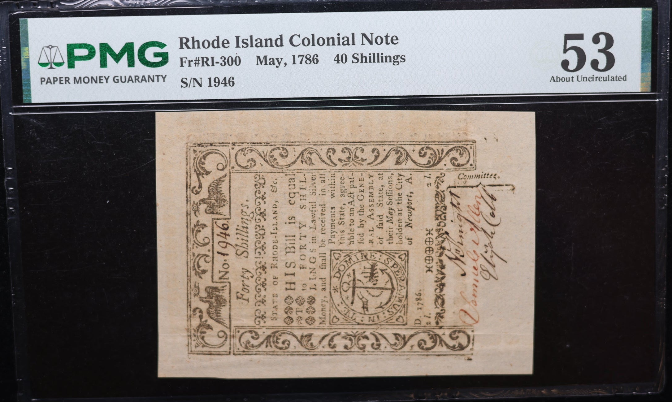 May, 1786, 40 Shillings, Rhode Island Colonial Currency, PMG AU-53, #GCY0001.