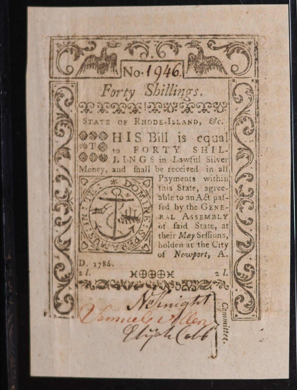 May, 1786, 40 Shillings, Rhode Island Colonial Currency, PMG AU-53, #GCY0001.