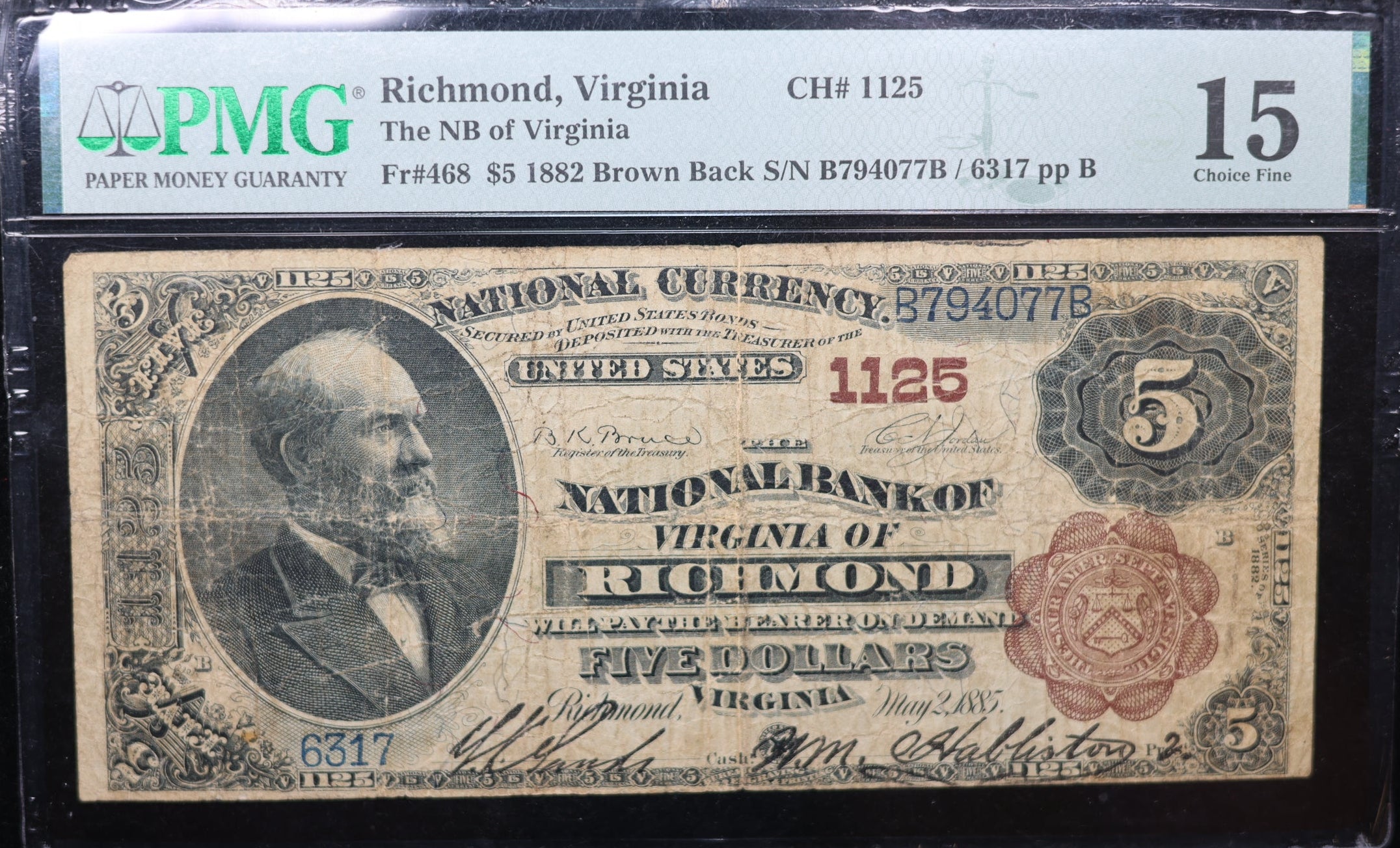 1882 $5, Richmond, Virginia, Brown Back, PMG F-15, Fr#468, Store #NBN046.