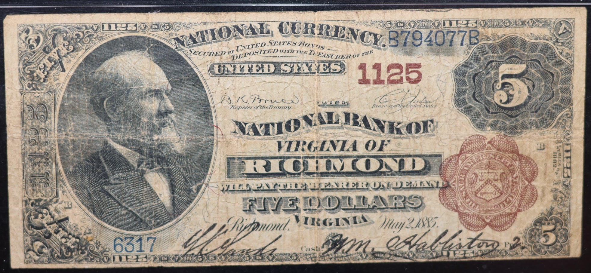 1882 $5, Richmond, Virginia, Brown Back, PMG F-15, Fr#468, Store #NBN046.