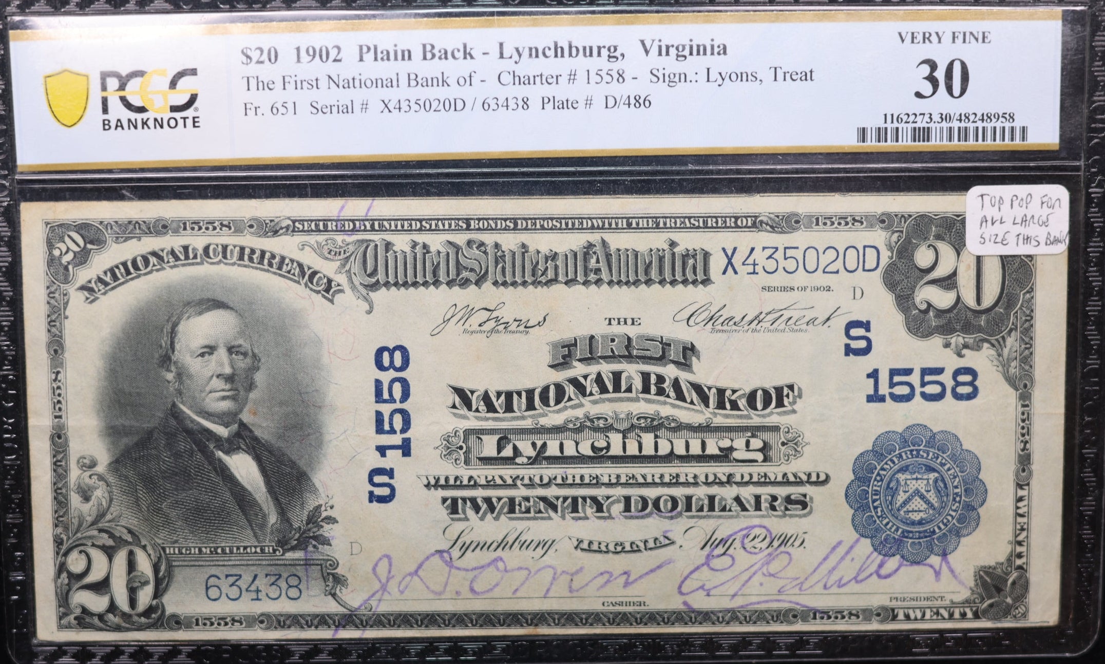1902 $20, Lynchburg, Virginia, Ch#1558, PCGS VF-30, Fr#651, Store #NBN037.