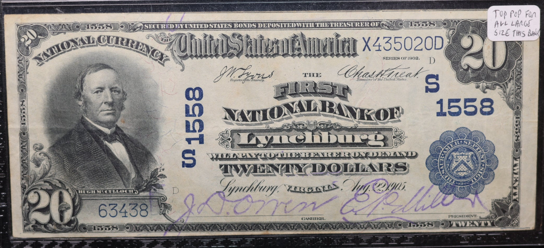 1902 $20, Lynchburg, Virginia, Ch#1558, PCGS VF-30, Fr#651, Store #NBN037.