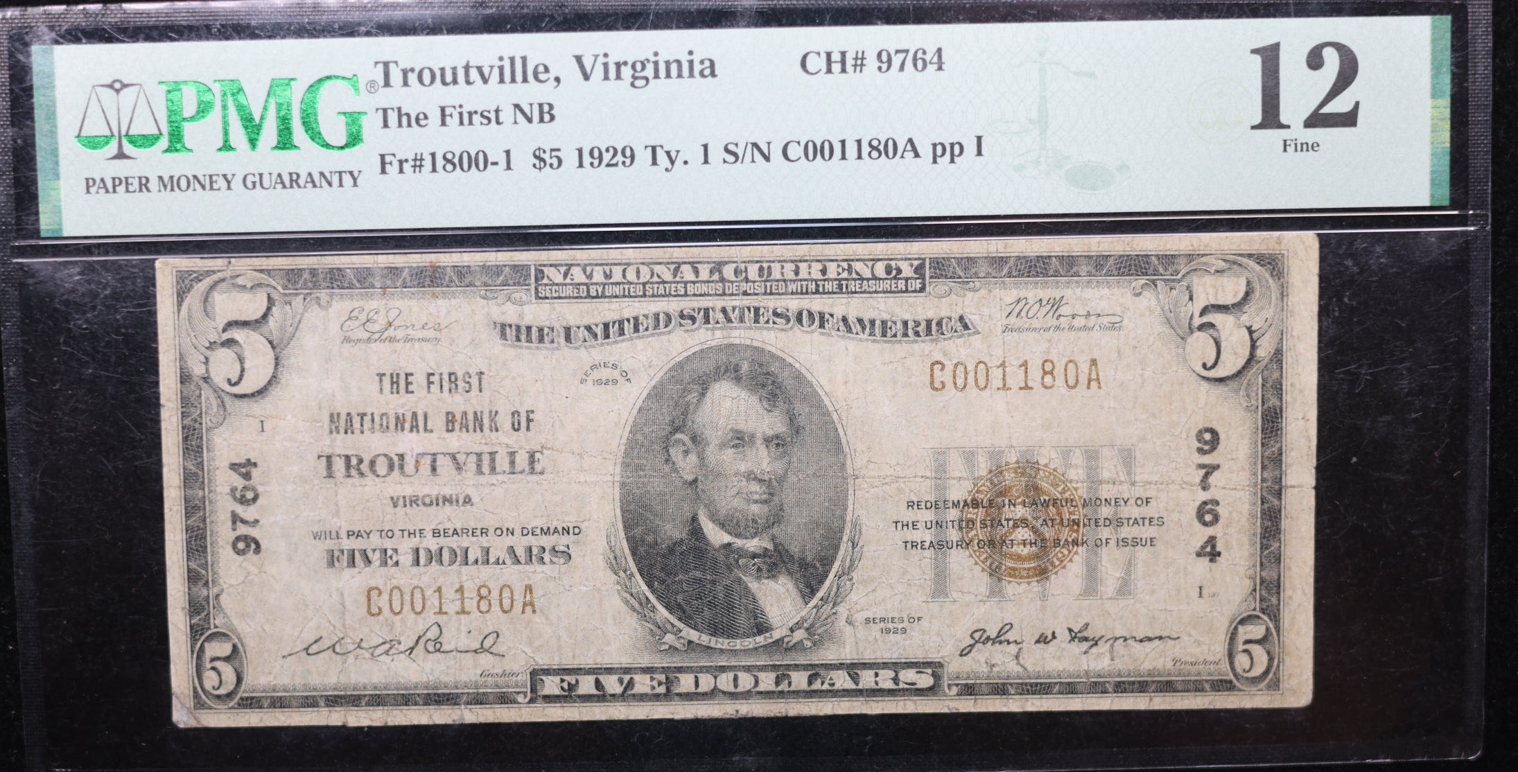 1929 $5, Troutville, Virginia. Ch#9764, PMG Fine-12, Fr#1800-1, Store #SGNB003.