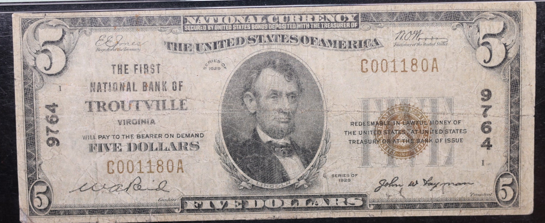 1929 $5, Troutville, Virginia. Ch#9764, PMG Fine-12, Fr#1800-1, Store #SGNB003.