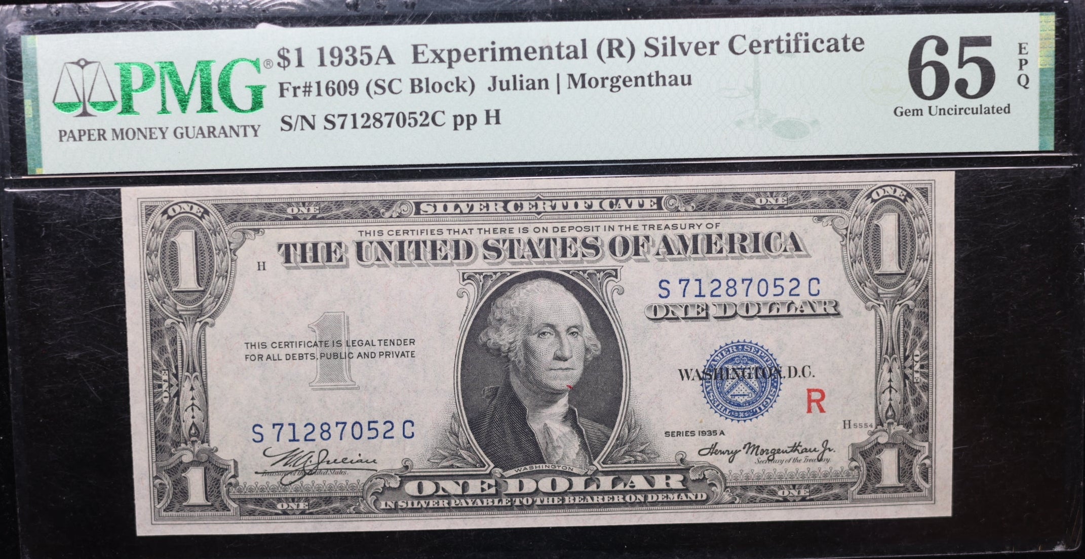 1935A $1, Silver Certificate, Fr#1609, 'R' Experimental Note, PMG CU65, #GSSC001.