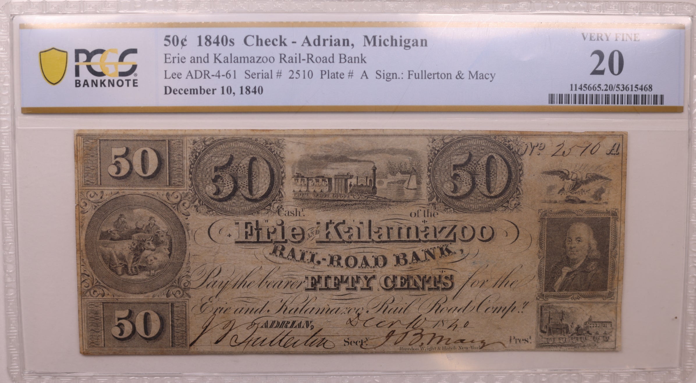 1840 50 Cent, Adrian, MI, Lee, ADR-4-61, Obsolete, PCGS VF20, STORE #GMI144.