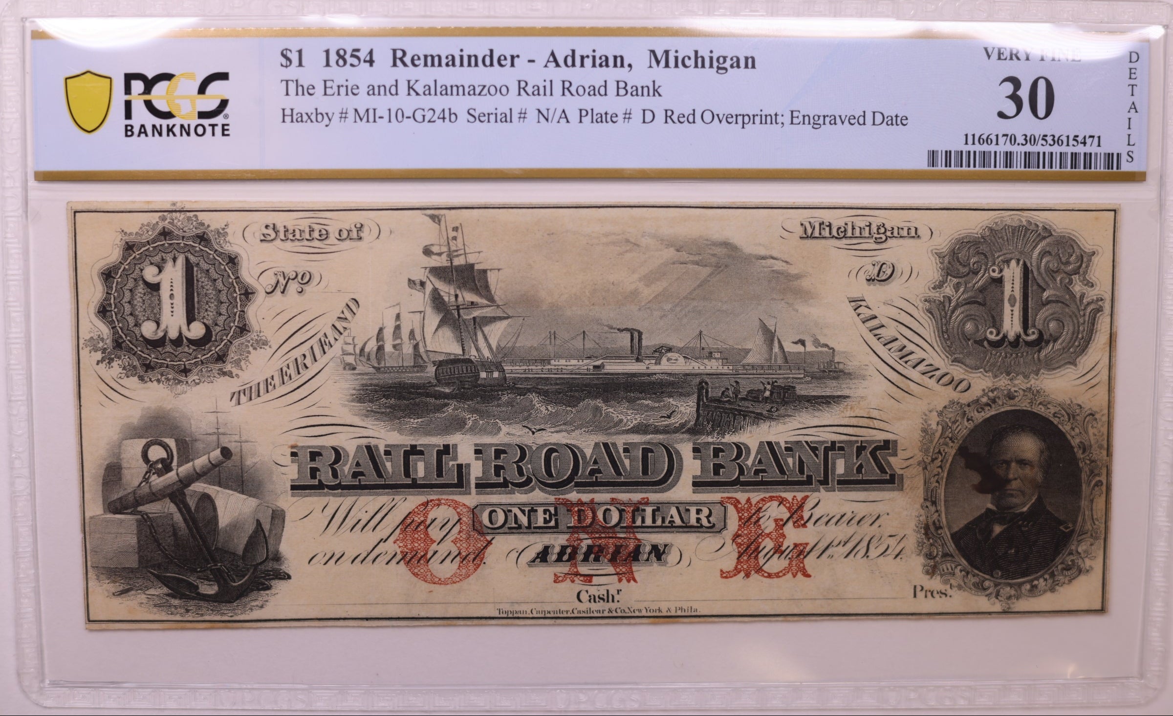 1854 $1, Adrian, MI, Remainder, Haxby MI-10-G24b, PCGS VF30, STORE #GMI145