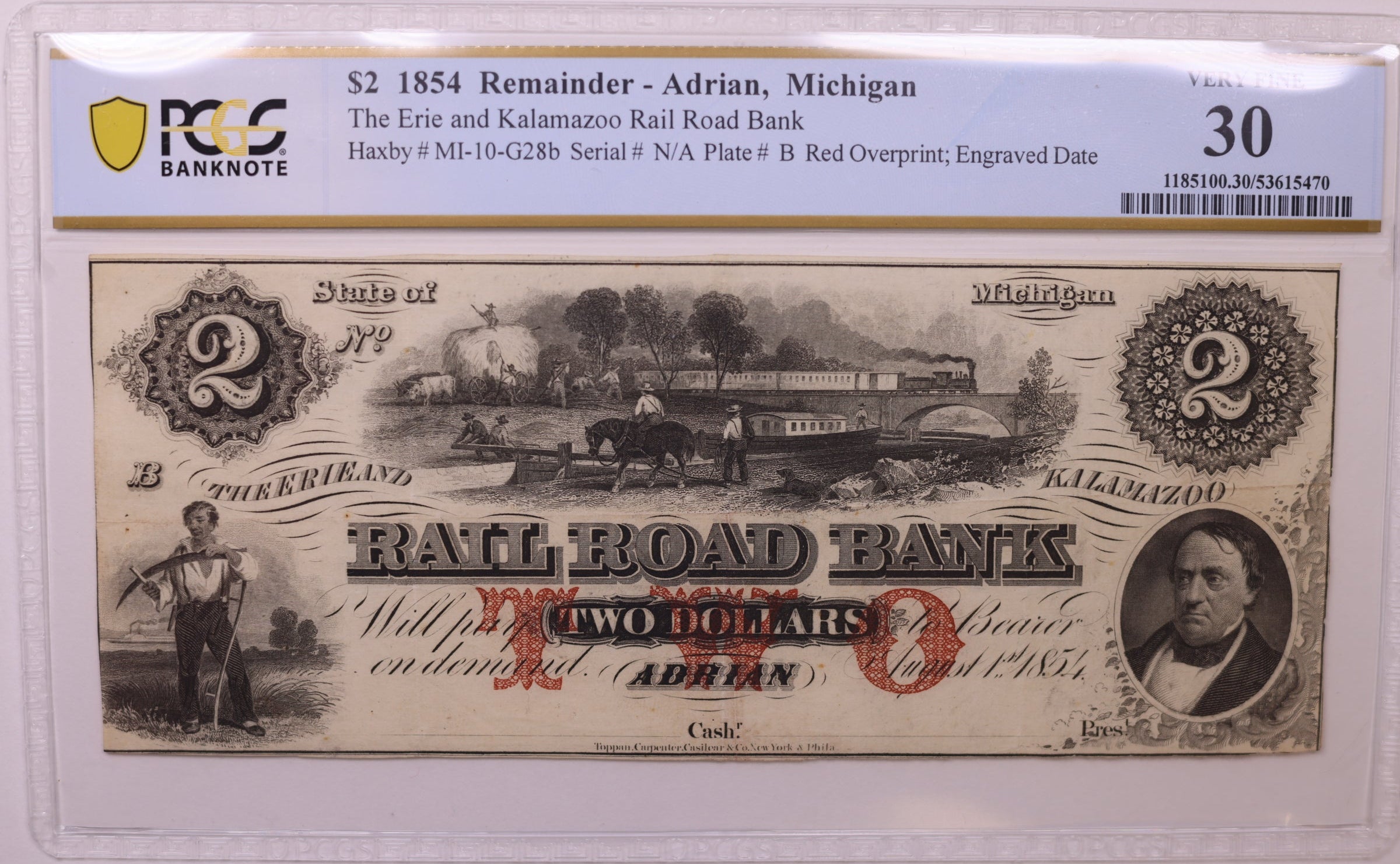 1854 $2, Adrian, MI, Remainder, Haxby MI-10-G28b, PCGS VF30, STORE #GMI146