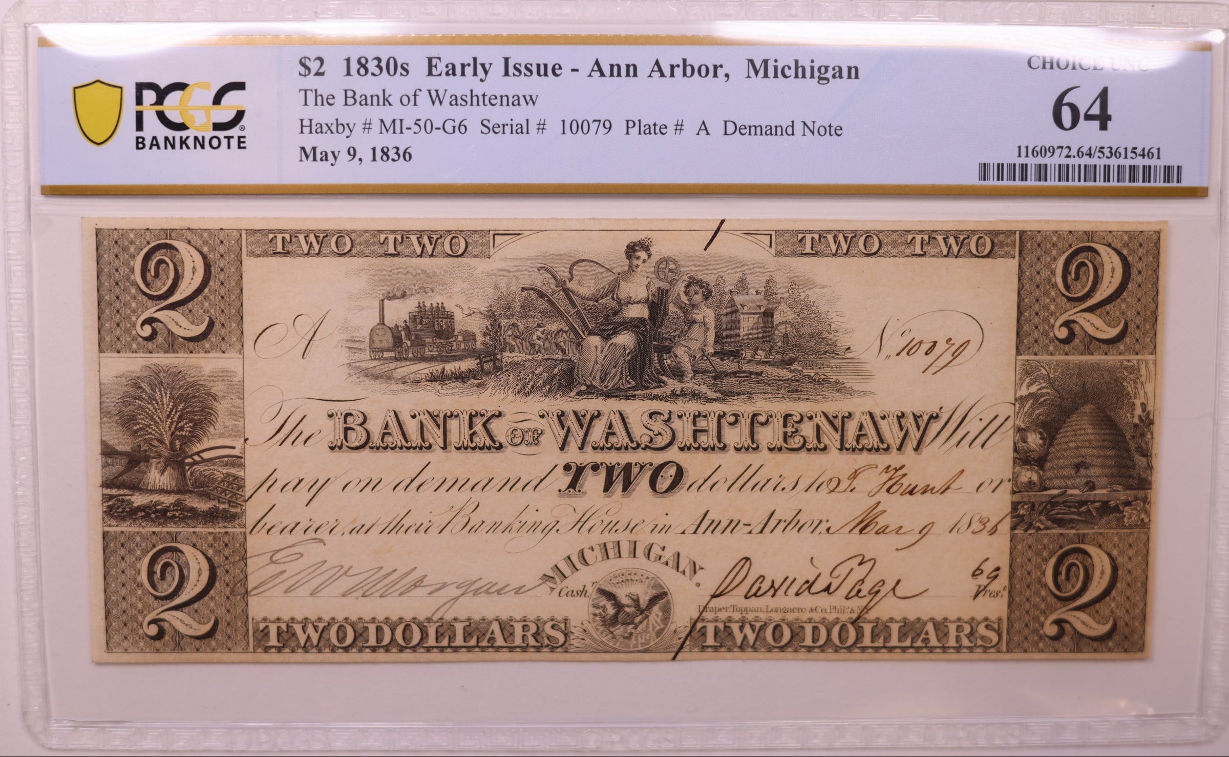1830s $2, Ann Arbor, MI, Haxby # MI-50-G6, PCGS Choice UNC-64, STORE #GMI150