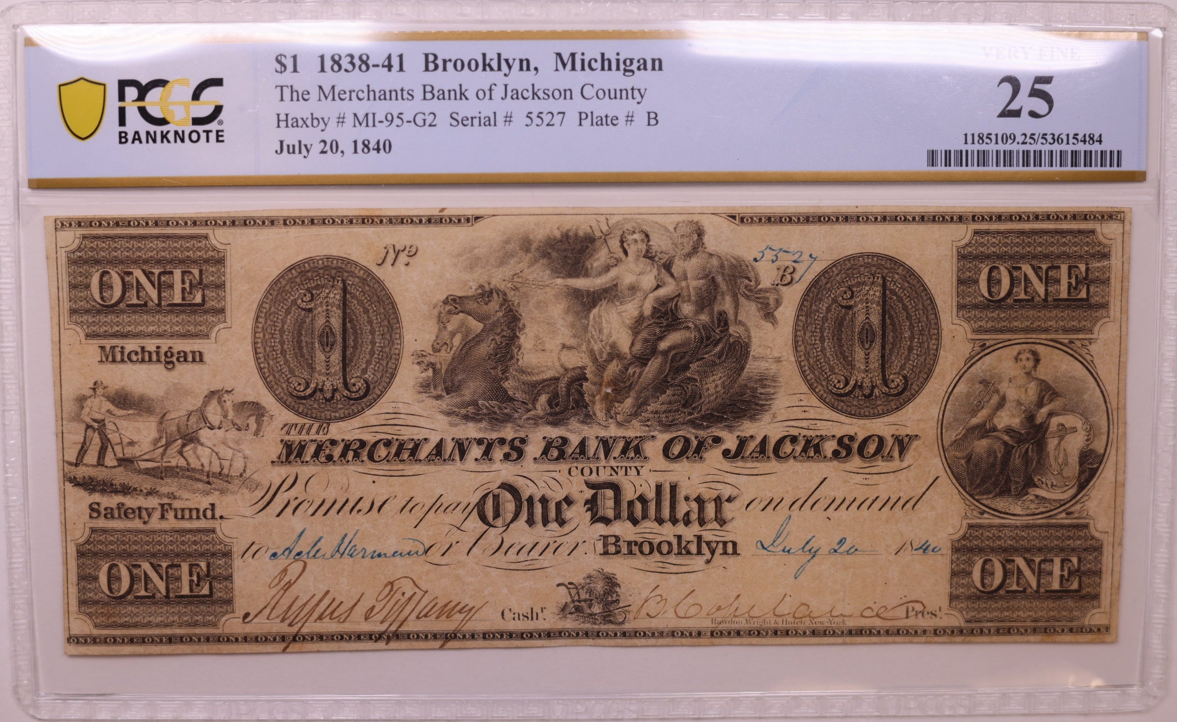 1838-41 $1 Brooklyn, MI, Haxby # MI-95-G2, PCGS Very Fine-25, STORE #GMI152