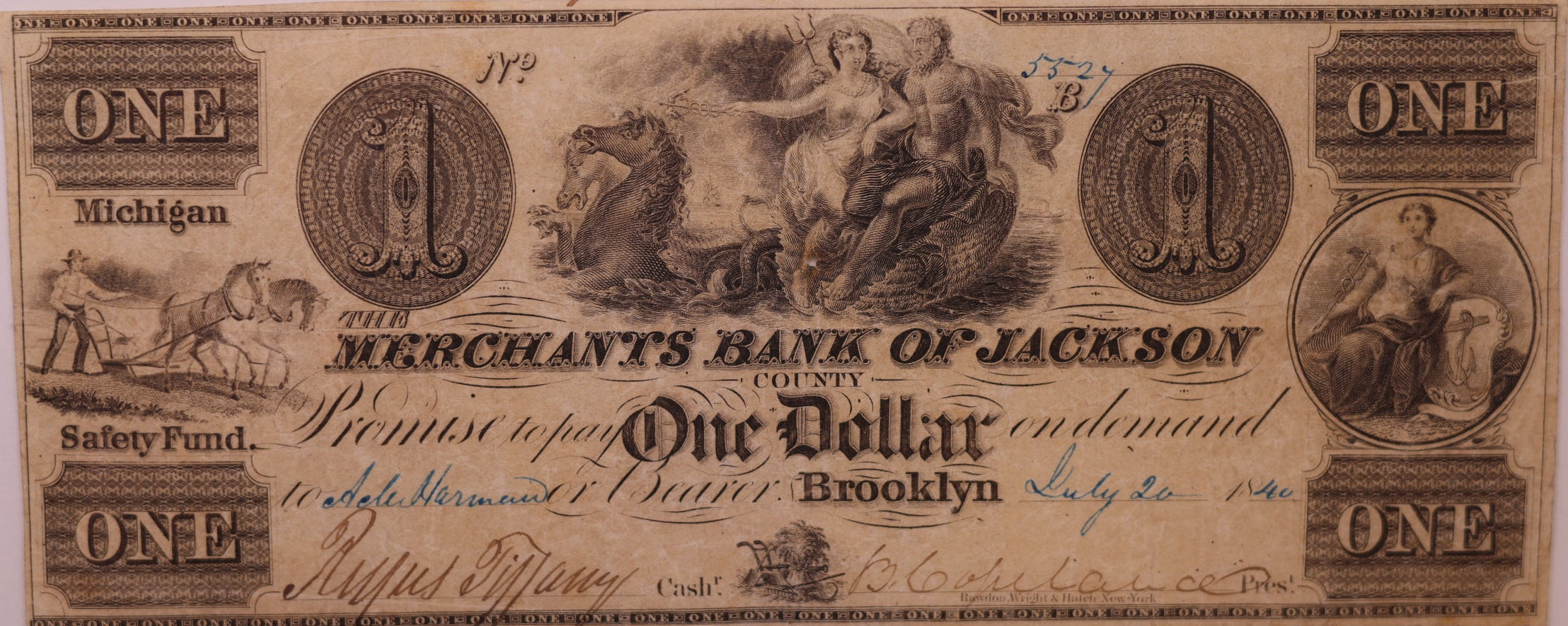 1838-41 $1 Brooklyn, MI, Haxby # MI-95-G2, PCGS Very Fine-25, STORE #GMI152