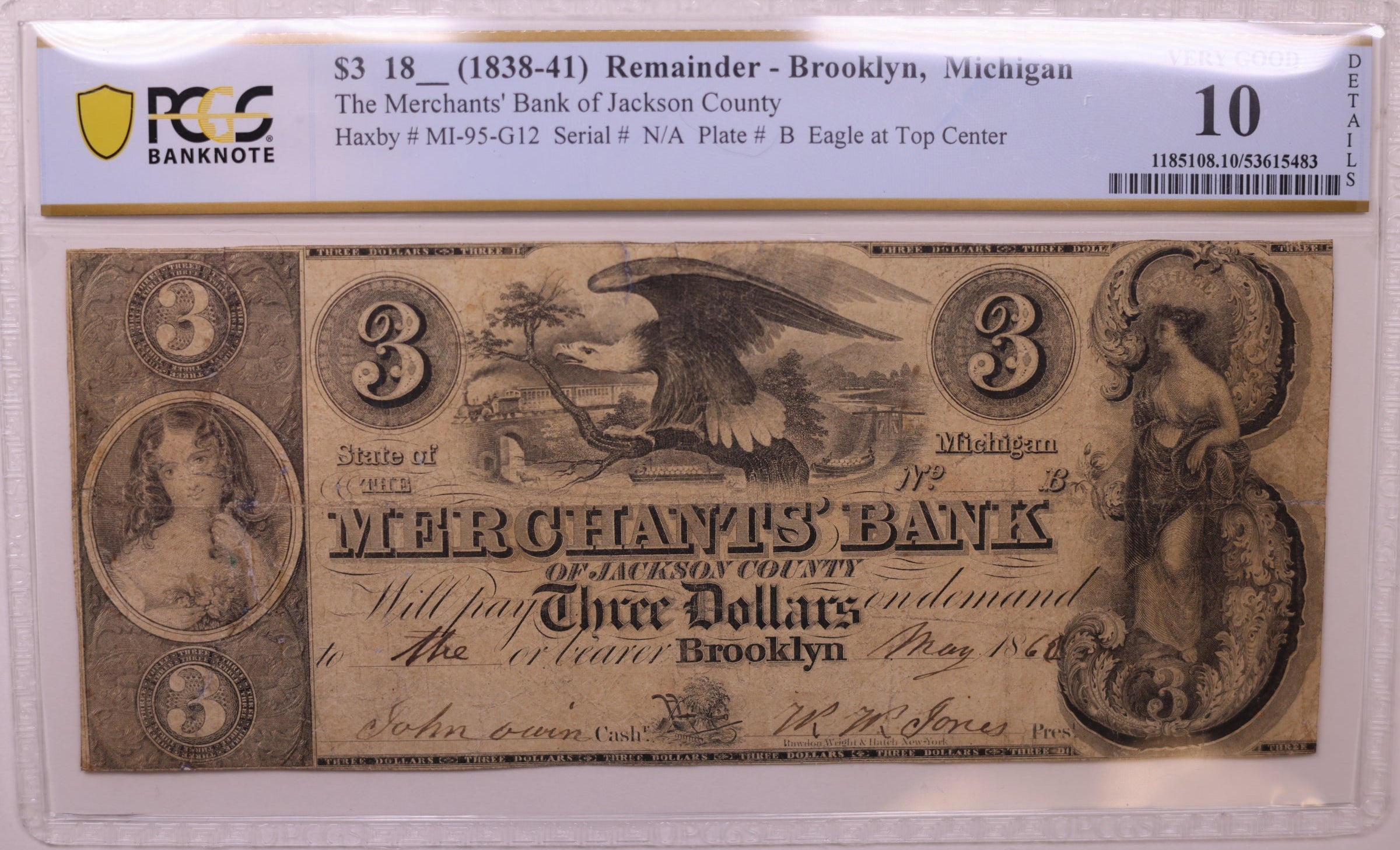 1838-41 $1 Brooklyn, MI, Haxby # MI-95-G12, PCGS Very Good-10, STORE #GMI153
