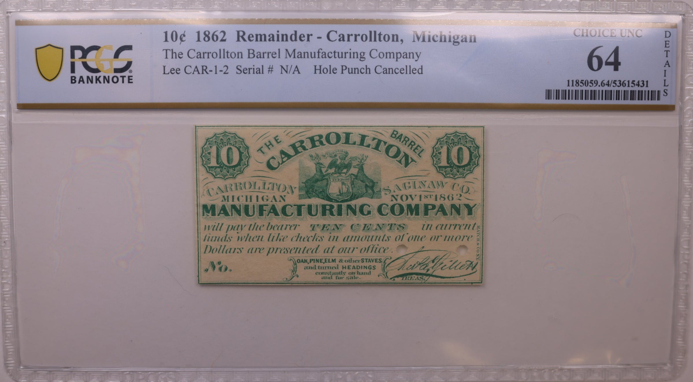 1862 10C Carrollton Remainder, MI, Lee CAR-1-2, PCGS Choice UNC-64, STORE #GMI154