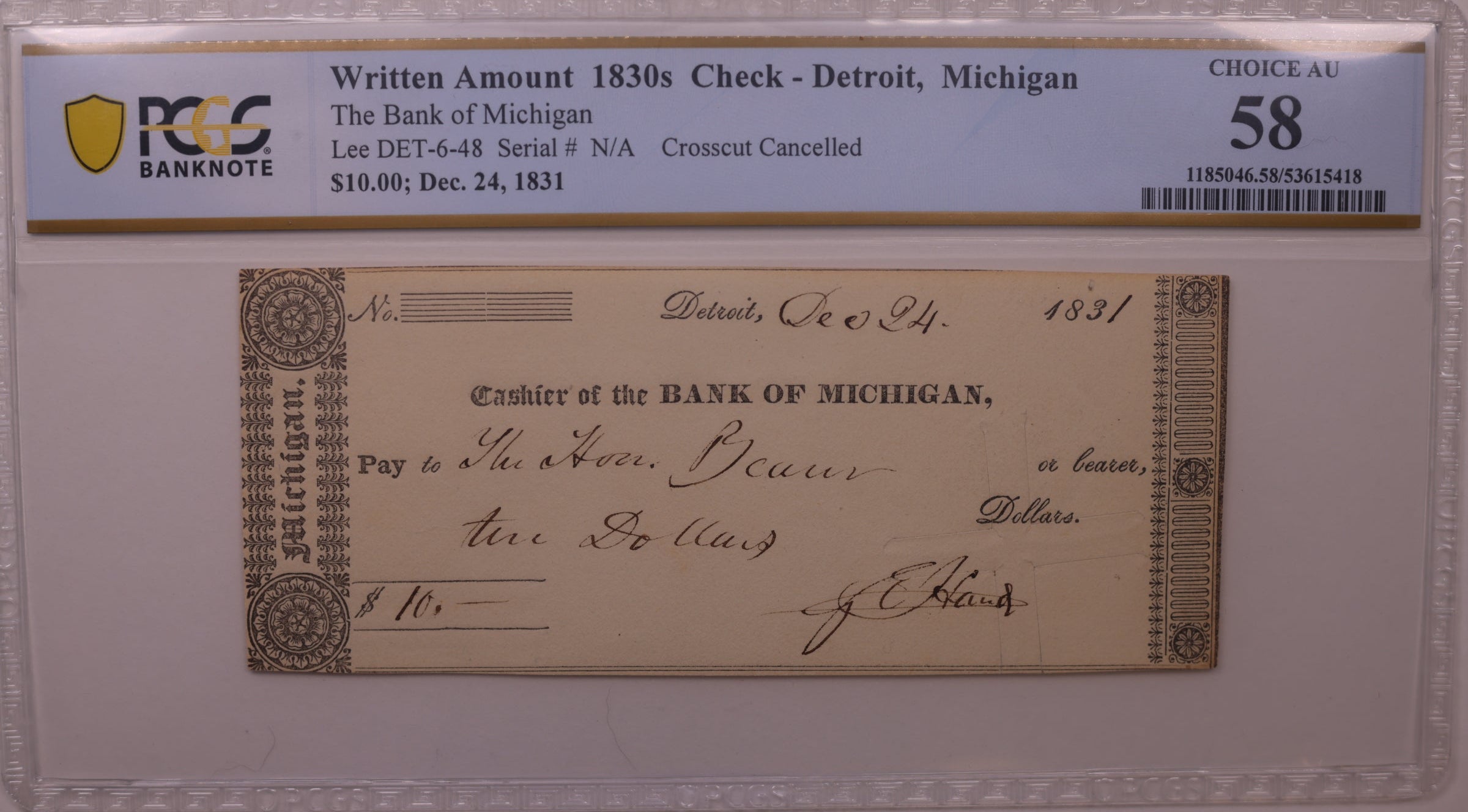 1830s Written Amount Check, MI, Lee DET-6-48, PCGS Choice AU-58, STORE #GMI155