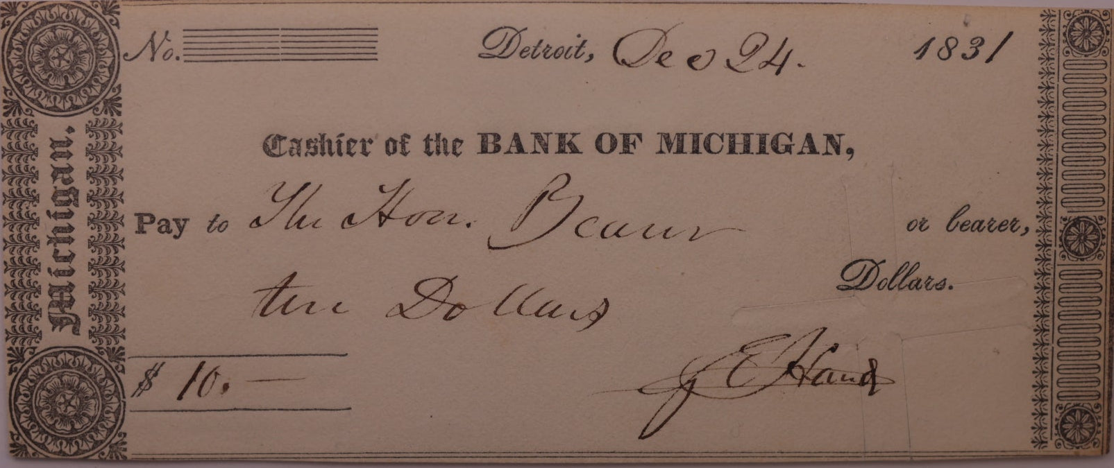 1830s Written Amount Check, MI, Lee DET-6-48, PCGS Choice AU-58, STORE #GMI155
