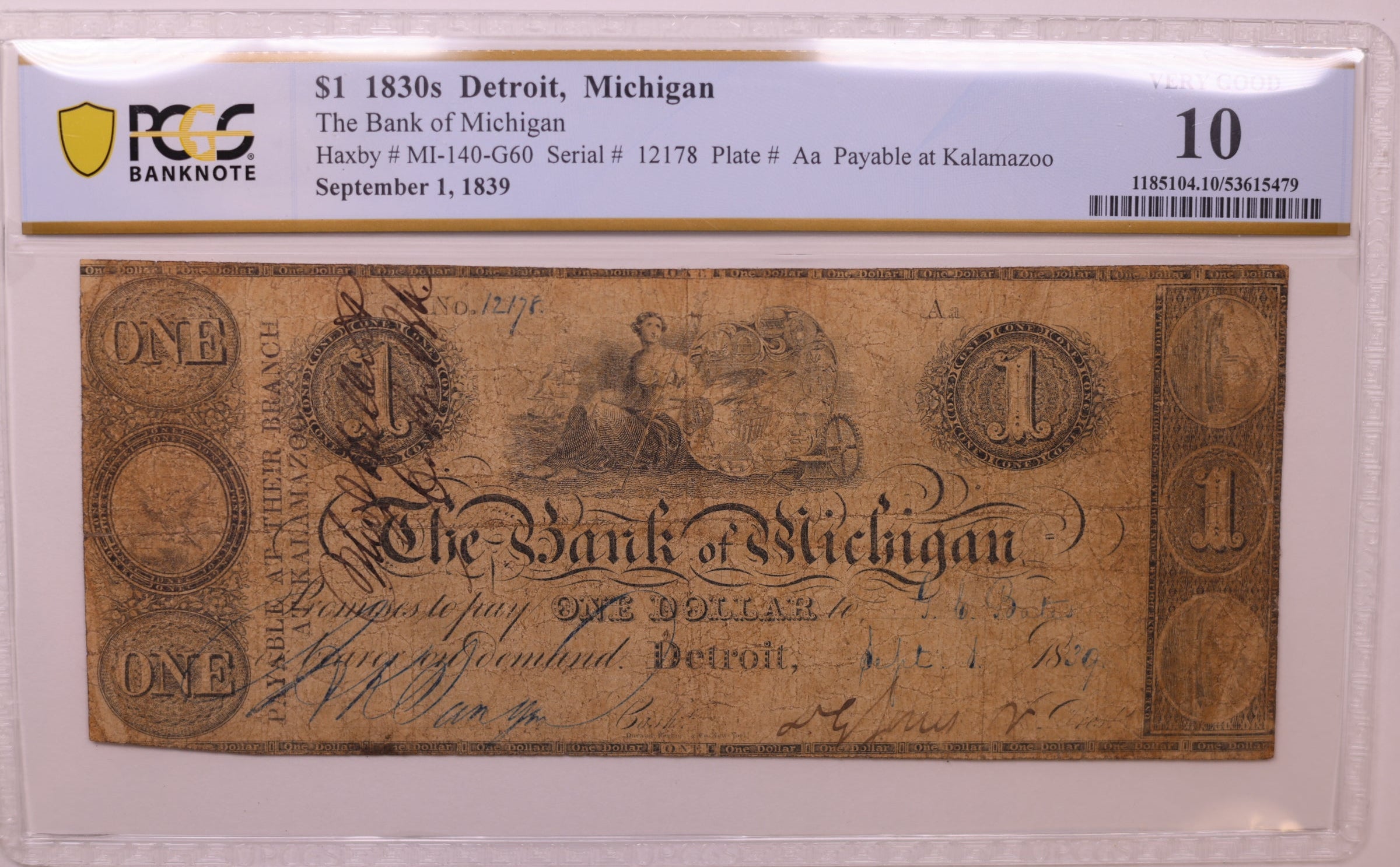 1830s $1 Detroit, MI, Haxby # MI-140-G60, PCGS VG-10, STORE #GMI157